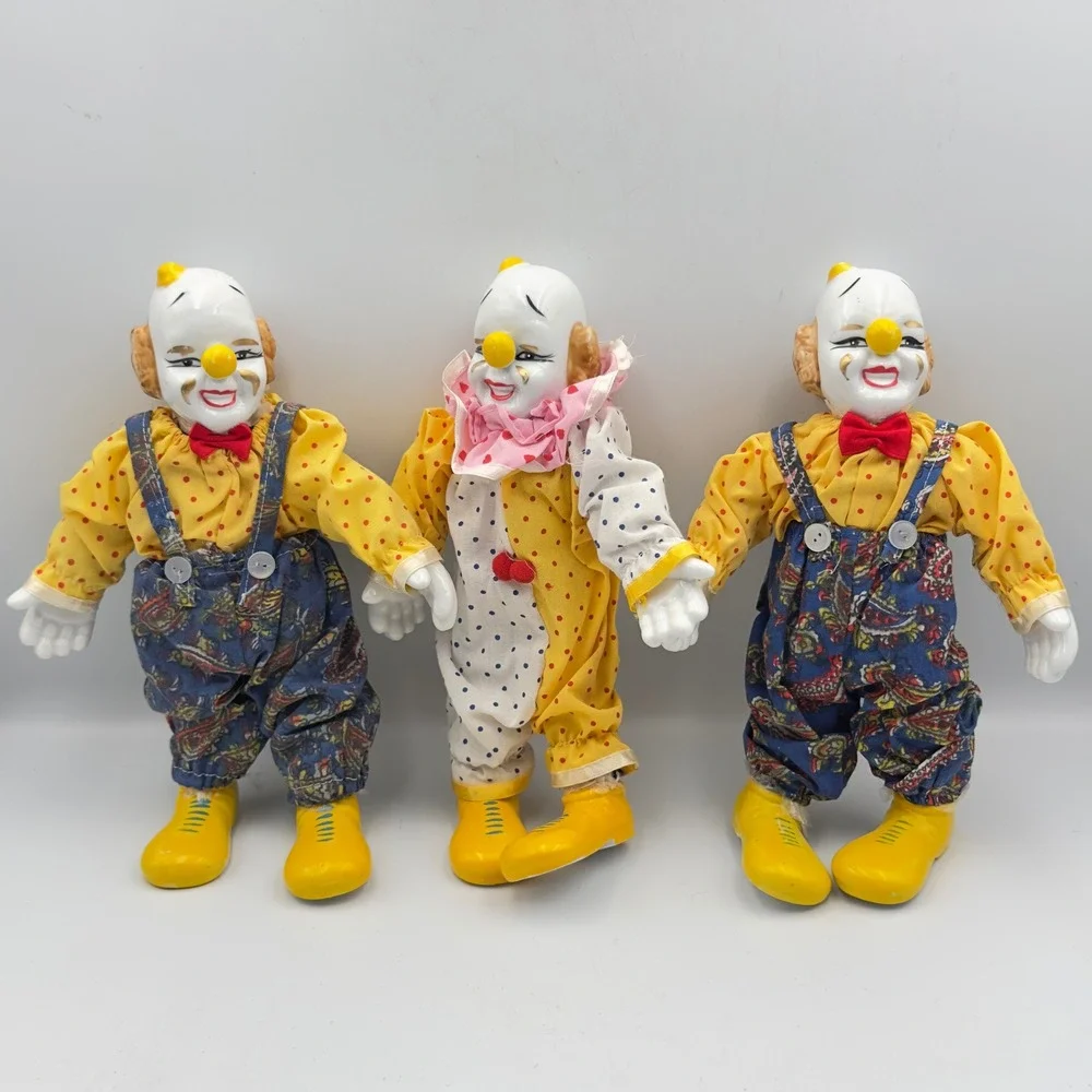 Vintage Porcelain‎ Clown Doll Trio Set Polka Dot Paisley Circuscore 10 Inch